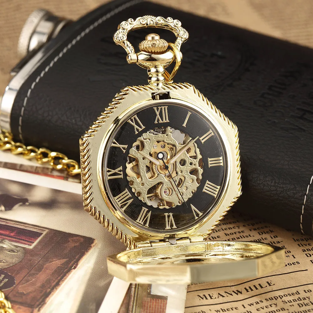 Ramadan Classic Hexagonal Mechanical Pocket Watch FOB Chain Steampunk Roman Dial Skeleton Gold Hollow Steel Men's Pocket Watch