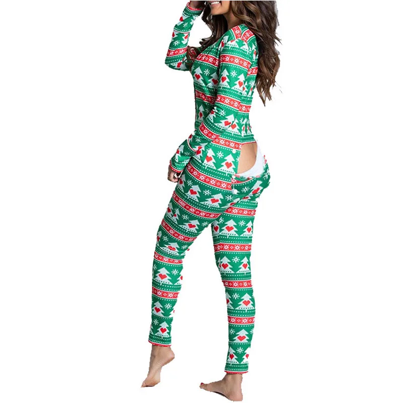 Women's Sexy Pyjama Jumpsuit Button-down Front Back Butt Bum Open Ass Flap Loungewear Christmas Print Buttoned