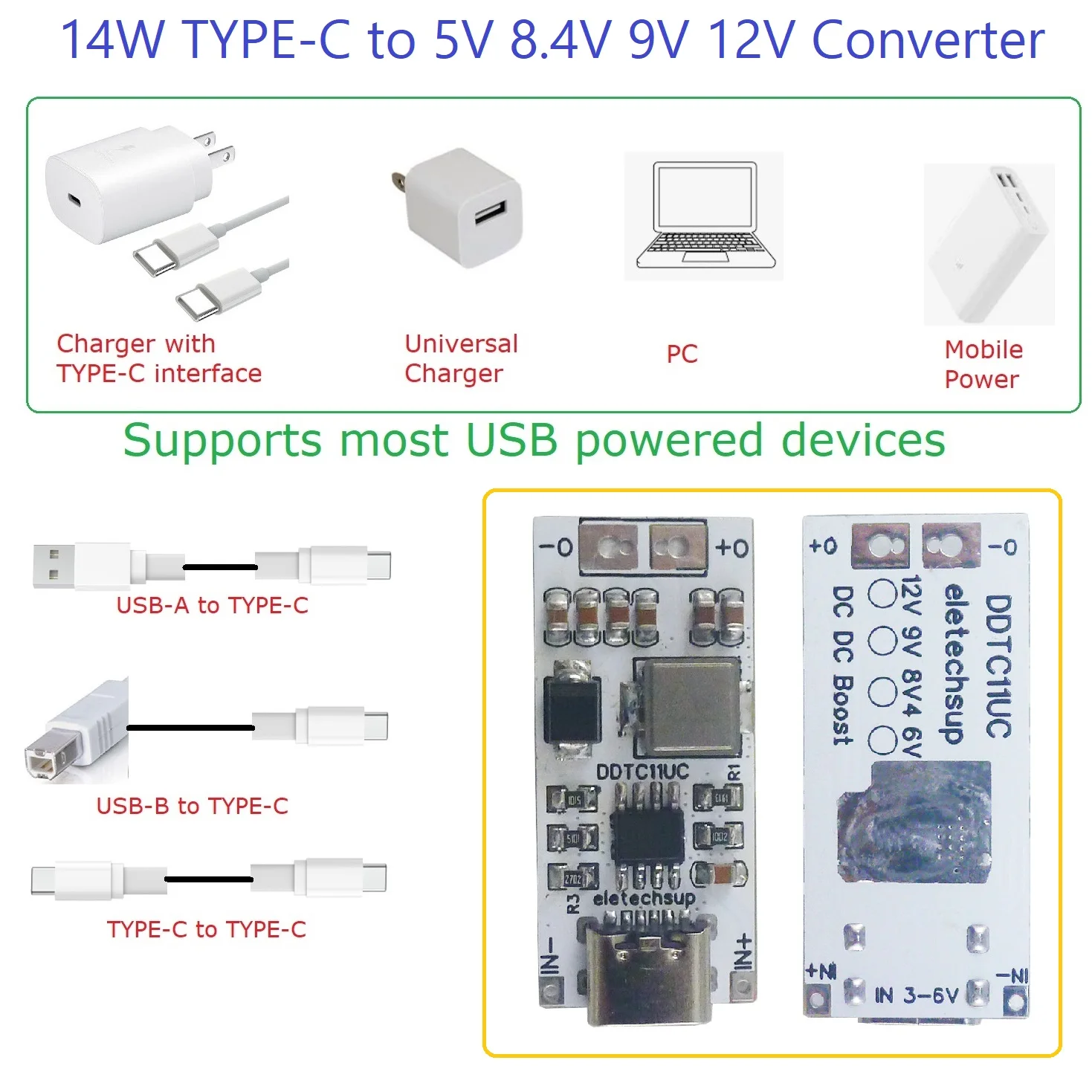 TYPE-C 부스트 DC-DC 컨버터 전압 조정기, 아두이노 라우터 NAS 네트워크 디스크, 와이파이 IP 카메라용, DC5V 에서 6V, 8.4V, 9V, 12V, 14W
