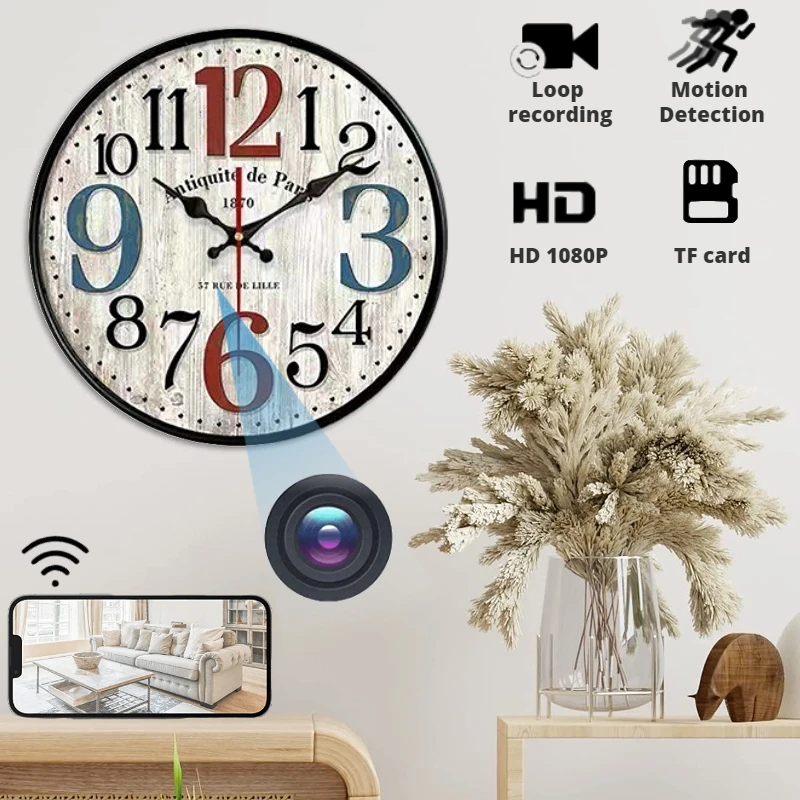 1080P HD WIFI Mini Camera Wooden Wall Clock Camera Living Room Decor Retro Clock Cam Home Decor