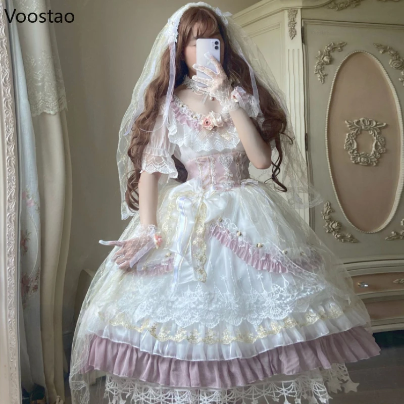 Japanese Victorian Retro Lolita Princess Dress Women Elegant Flower Lace Mesh Evening Party Wedding Dresses Girls Sweet Vestidos