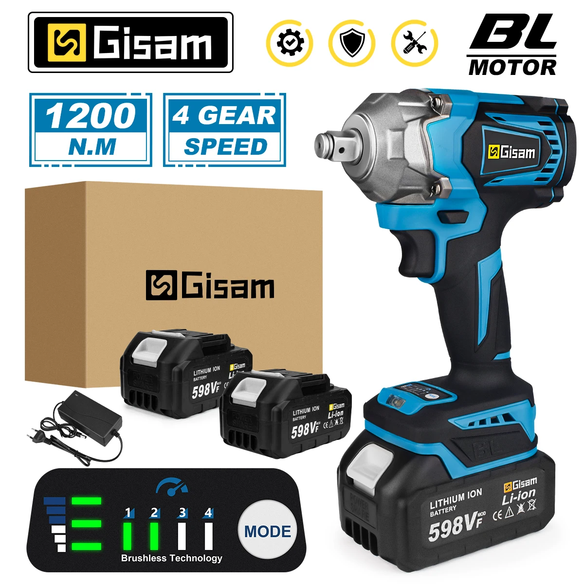 

1200N.M Brushless Electric Impact Wrench Cordless Electric Wrench 1/2 Inch Lithium-Ion Battery Power Tool for Makita 18V Battery