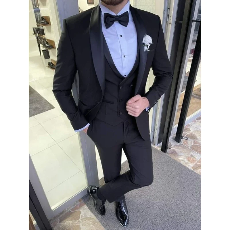 Classic Black Solid Wedding Suits For Men Custom Made 3 Piece Jacket Vest Pants Set Formal Groom Peaked Tuxedos Costume Homme
