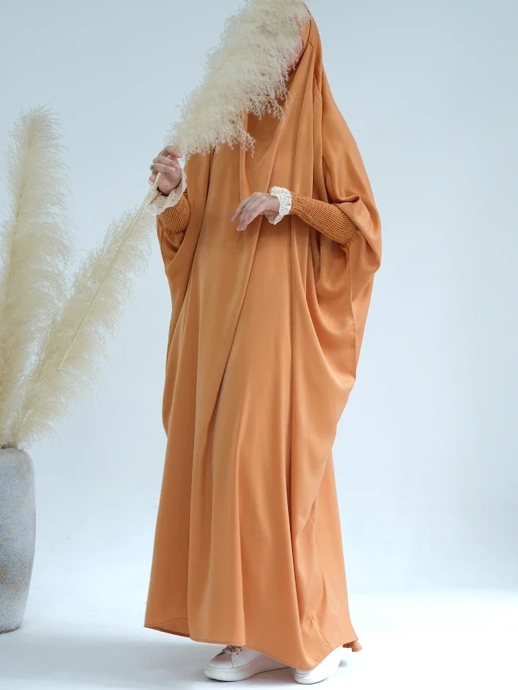 Eid Hooded Abaya One Piece Ramadan Abayas for Women Lace Cuff Satin Islamic Clothes Prayer Dress Muslim Dubai Turkey Niqab Burqa