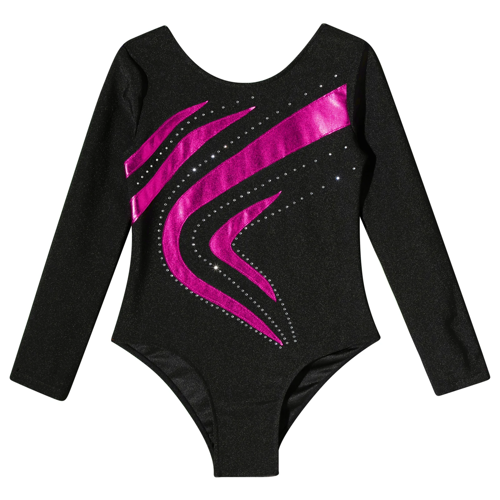 Ballet Dancer Leotard Kids Dance Bodysuit Girls Gymnatics Dancewear Long Sleeve Round Neckline Shiny Rhinestone Dance Jumpsuit