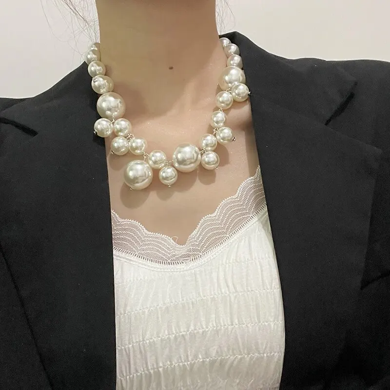 Elegante damesketting met imitatieparels, grote parels, choker, perfect voor feestjes, bruiloften, als bruidssieraad of als cadeau voor meisjes._voghion.com