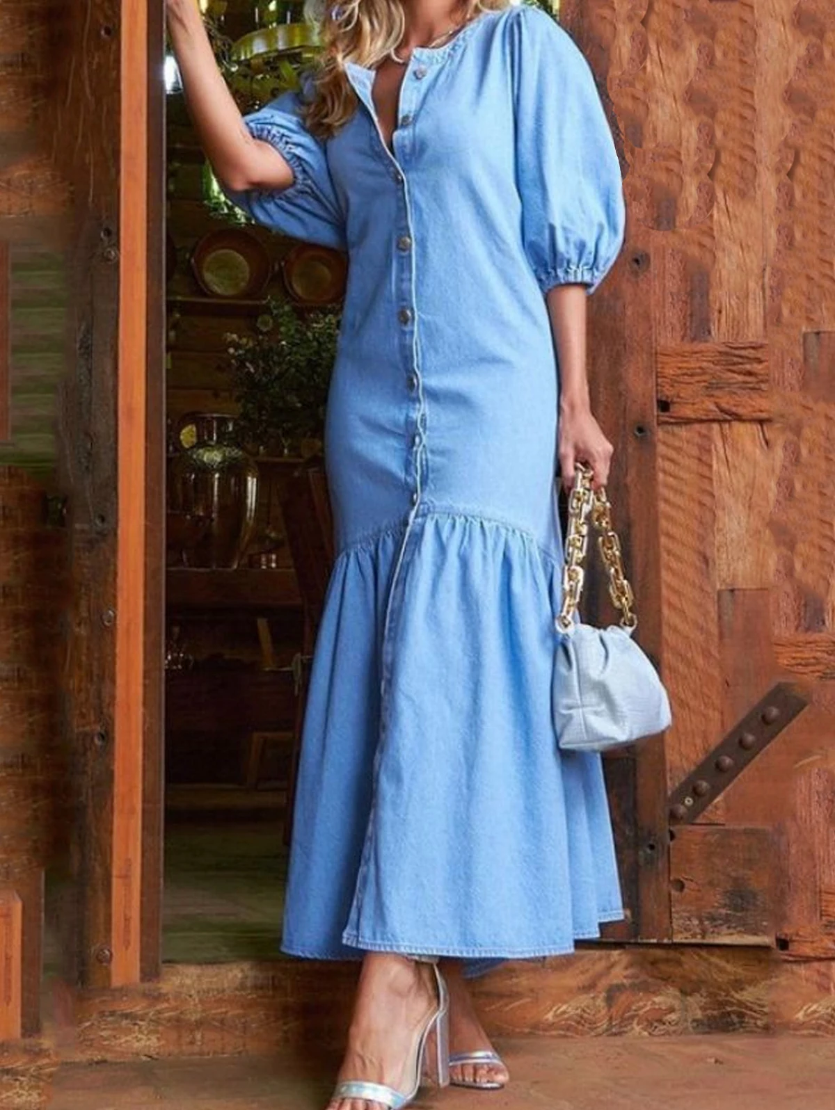 

Women Denim Blue Robes Longue Oversized Fashion Summer Puff Sleeve Buttons Maxi Vestidos Retro Dress Casual Solid Baggy Sundress