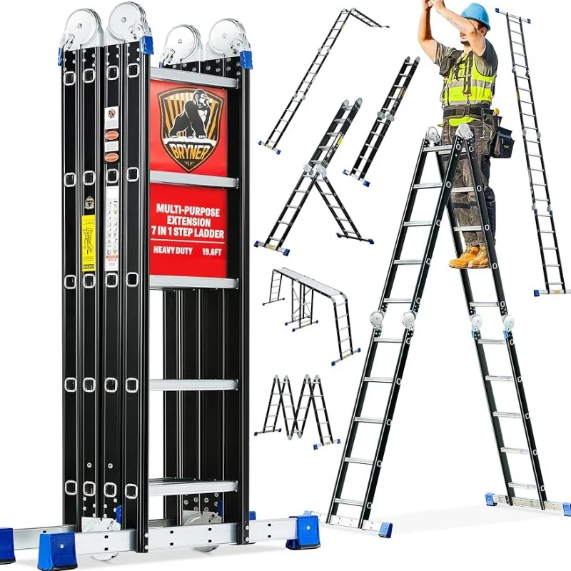 

Bryner Folding Step Ladder, 19.6ft, 7 in 1 Multi-Purpose Folding Adjustable Telescoping Aluminium Extension Ladders, 330lbs