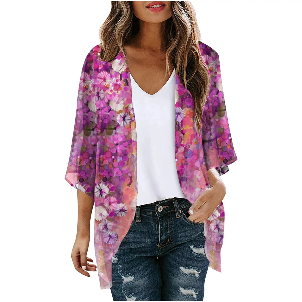 Kimono Femme Durio Court Motif Fleurs - Cardigan Plage Boho Léger - 80% Polyester 20% Élasthanne