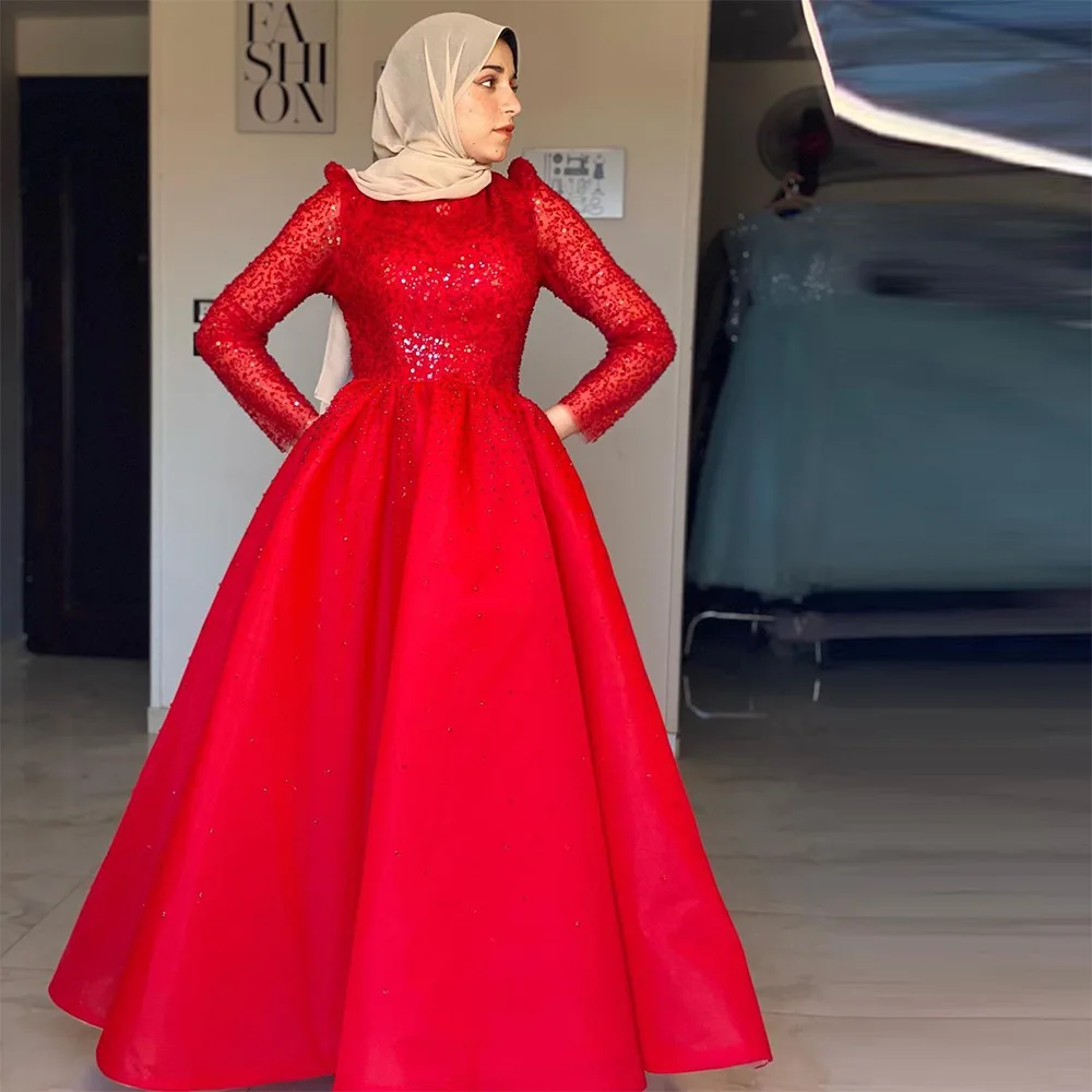

Sevintage Modest Red Beading Prom Dresses Long Sleeves High-Neck A-Line Muslim Evening Dress Hijab Islamic Formal Occasion Gown