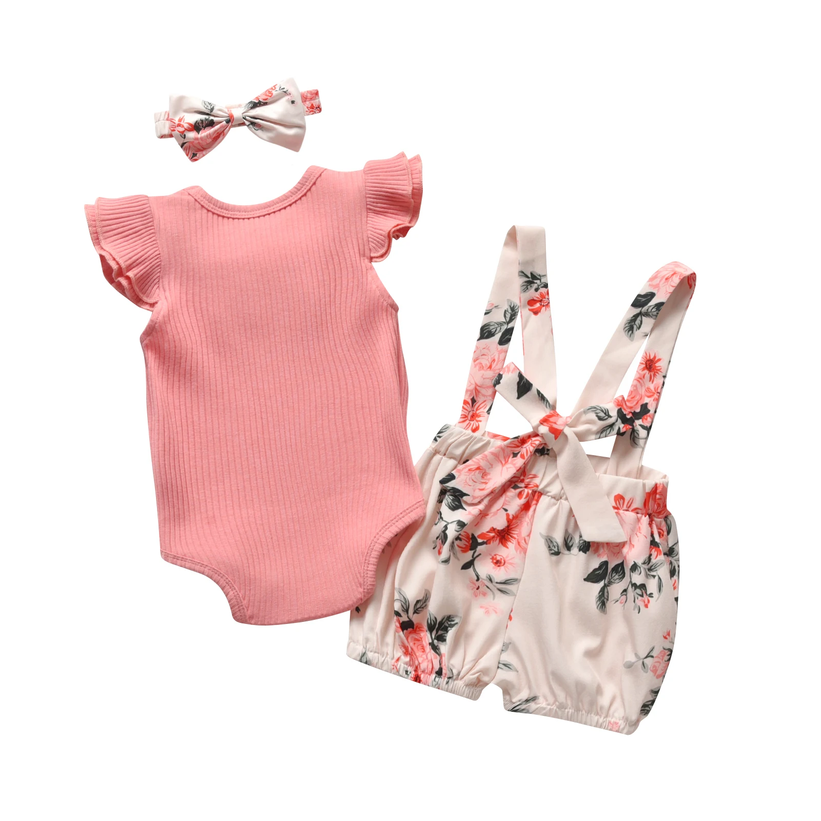 Summer Newborn Maternity Outfit Baby Girls Clothing Sets Short Sleeve Bodysuits For Infants+Floral Overall Shorts+Headband Suit baby dress set for girl