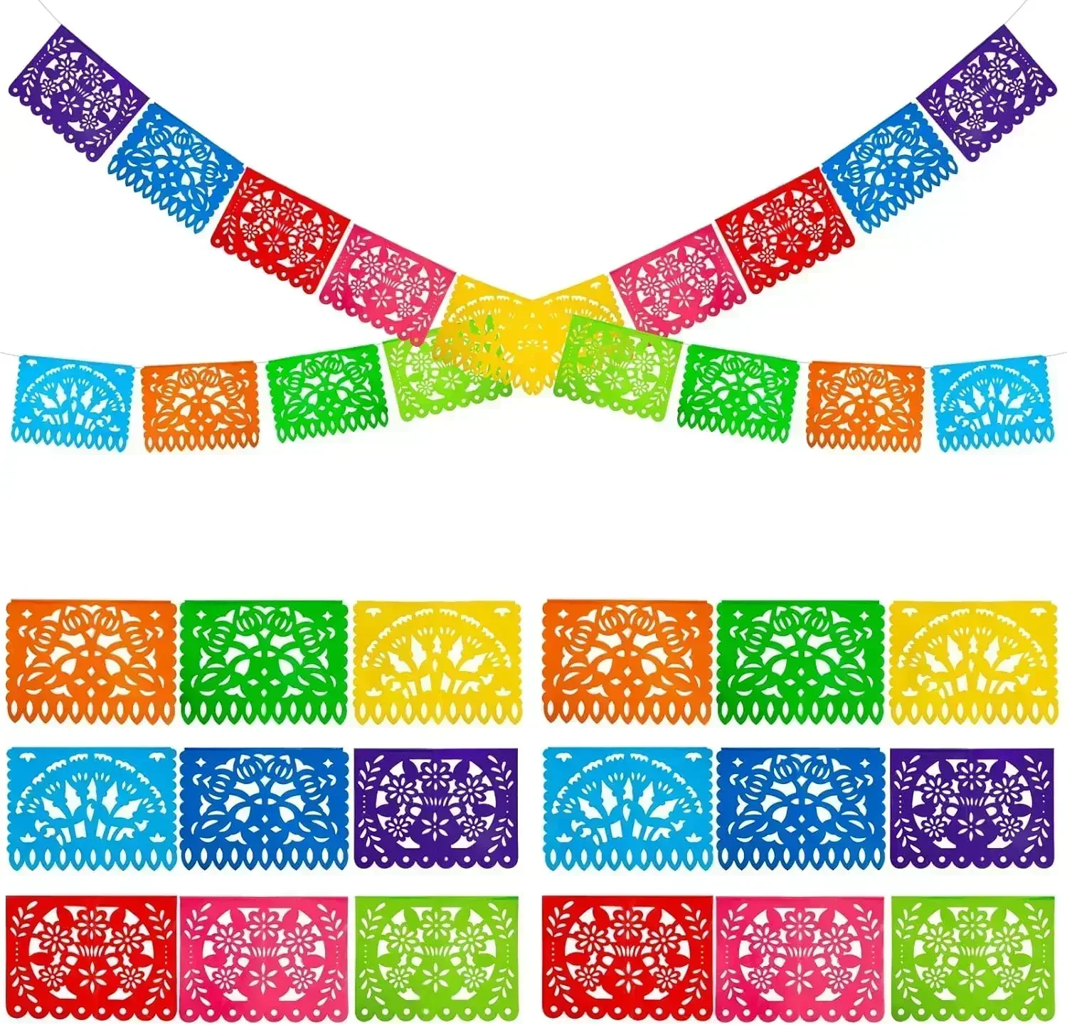 Mexican Party Banners Plastic Papel Picado Mexico Decor Easter Decor Day of The Dead Decoration 4 PCS 18 Feet Total