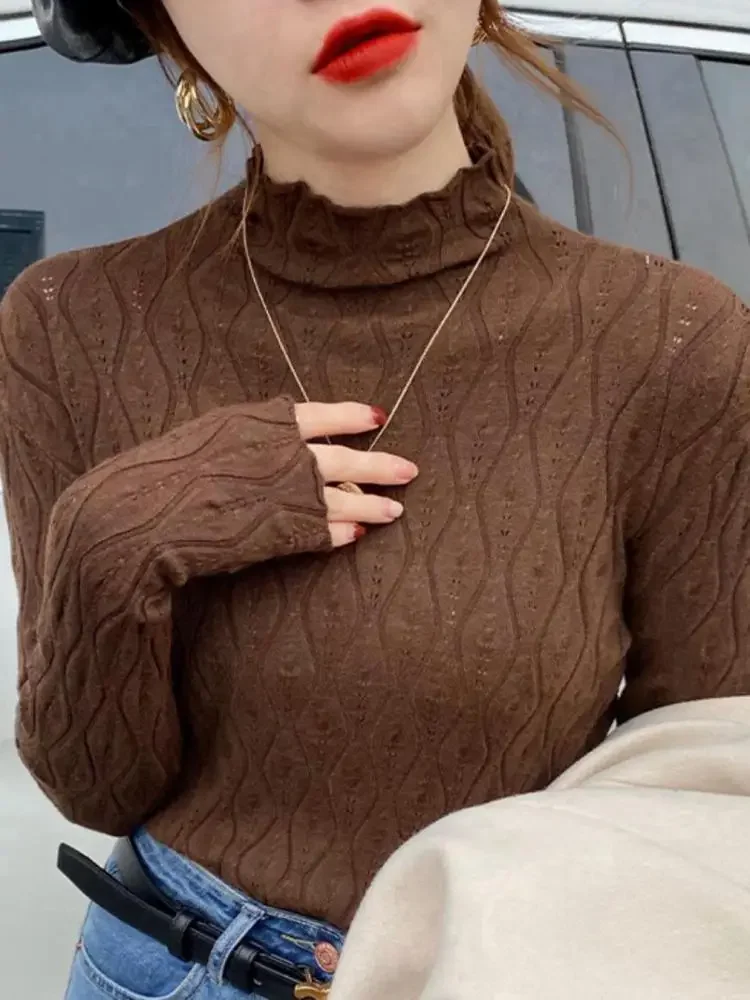 AOSSVIAO الياقة المدورة النساء البلوزات 2025 الخريف الشتاء الدافئة البلوز سليم القمم محبوك سترة البلوز لينة سحب الإناث