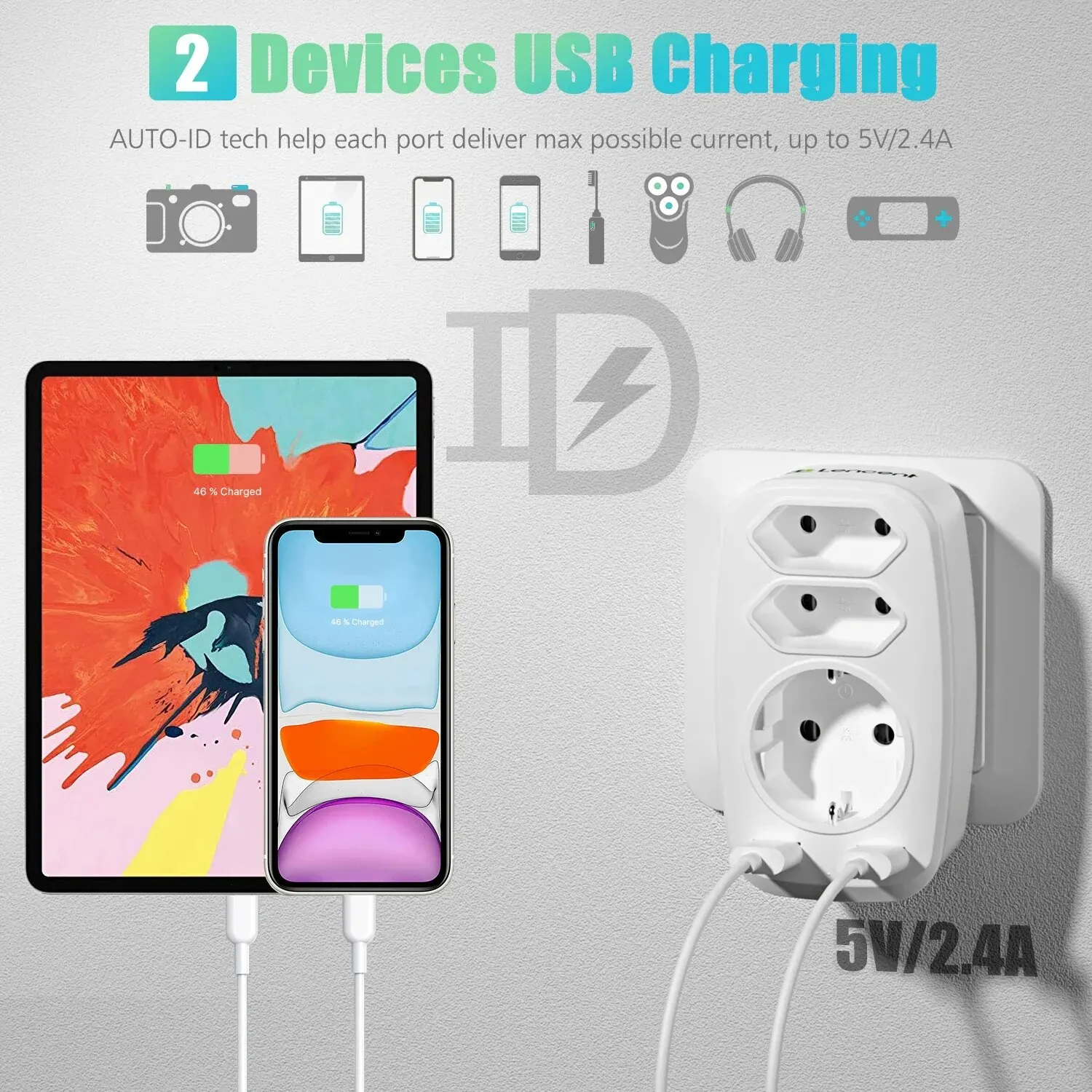 Wall Socket Extender USB Charger 3 AC Outlets 2 USB Ports 4000W Multi Outlet Adapter Home/Office Electrical Socket Power Strip Power Socket Plug Adapter Power Plug Adapter