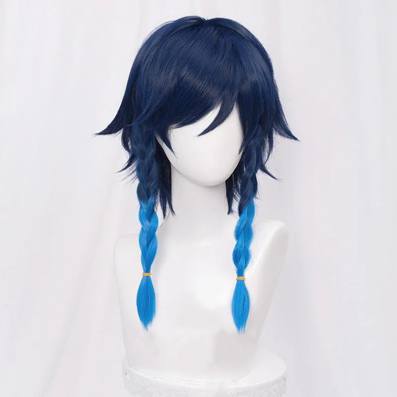 Game Genshin Impact Venti Cosplay Unisex 50cm Blue Wig Cosplay Anime Braid Wigs Heat Resistant Synthetic Wigs + Wig Cap