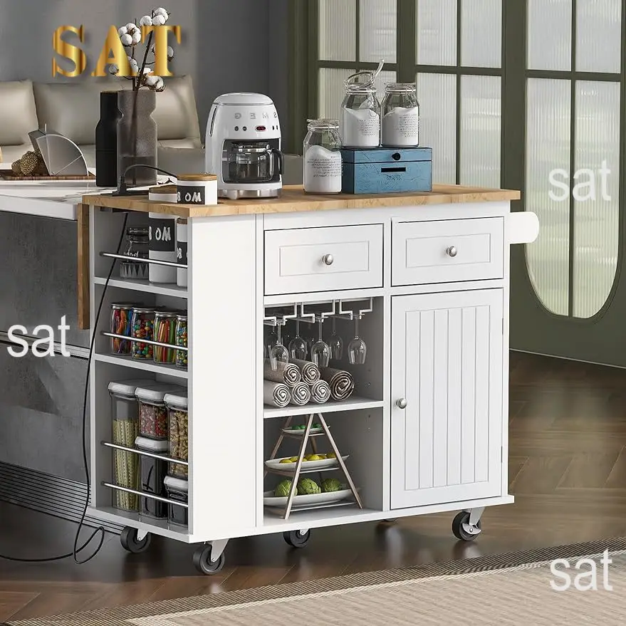 Kitchen Island with Power Outlet with Drop Leaf and Rubber Wood Tabletop, Kitchen Cart with Open Storage, Wine Rack and 5 Wheels