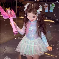 Girl Mermaid Swimsui New Summer Kids Long Sleeve Back Zipper Design One-Pieces Swimwear Girls Sweet Princess Swim Dress H82193