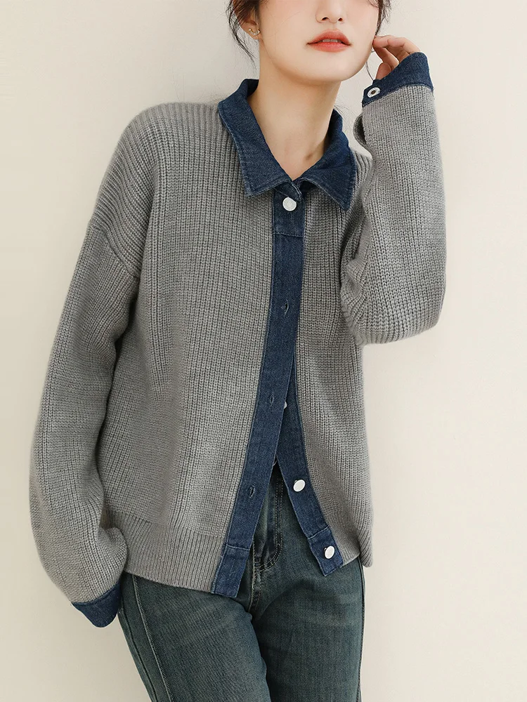 

HCXR Women Sweater 2023 Winter Polo Neck Long Sleeve Splicing Denim Knitwear Cozy Style Elegant Cardigan Casual Jacket