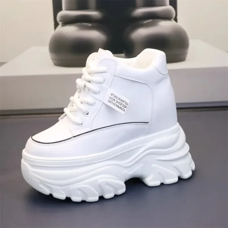 Autumn Women High Top Leather Shoes Platform Wedge Sneakers Chunky Shoes Hidden Heel 10 12 14CM White Black Women Casual Shoes 2