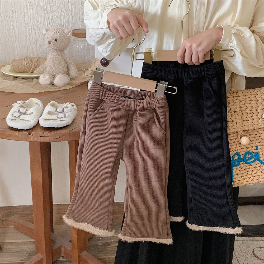 

Girls' Fleece-lined Flared Pants Winter New Korean Style Baby Girls' Corduroy Trousers One-piece Velvet Warm Pants