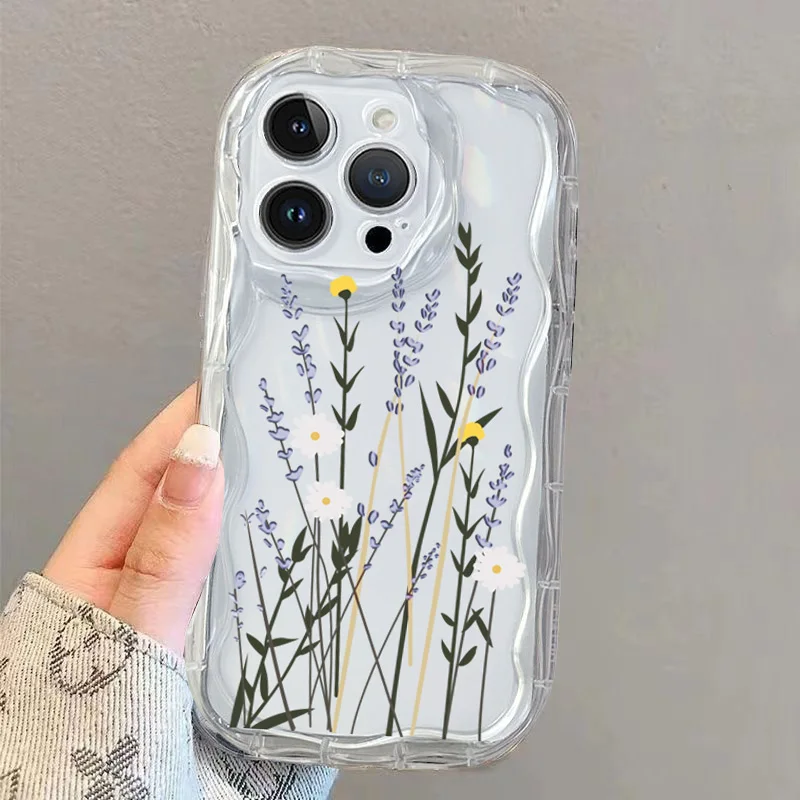 Clear 3D Wavy Curved Edge Phone Case with Daisy and Tulip Floral Design