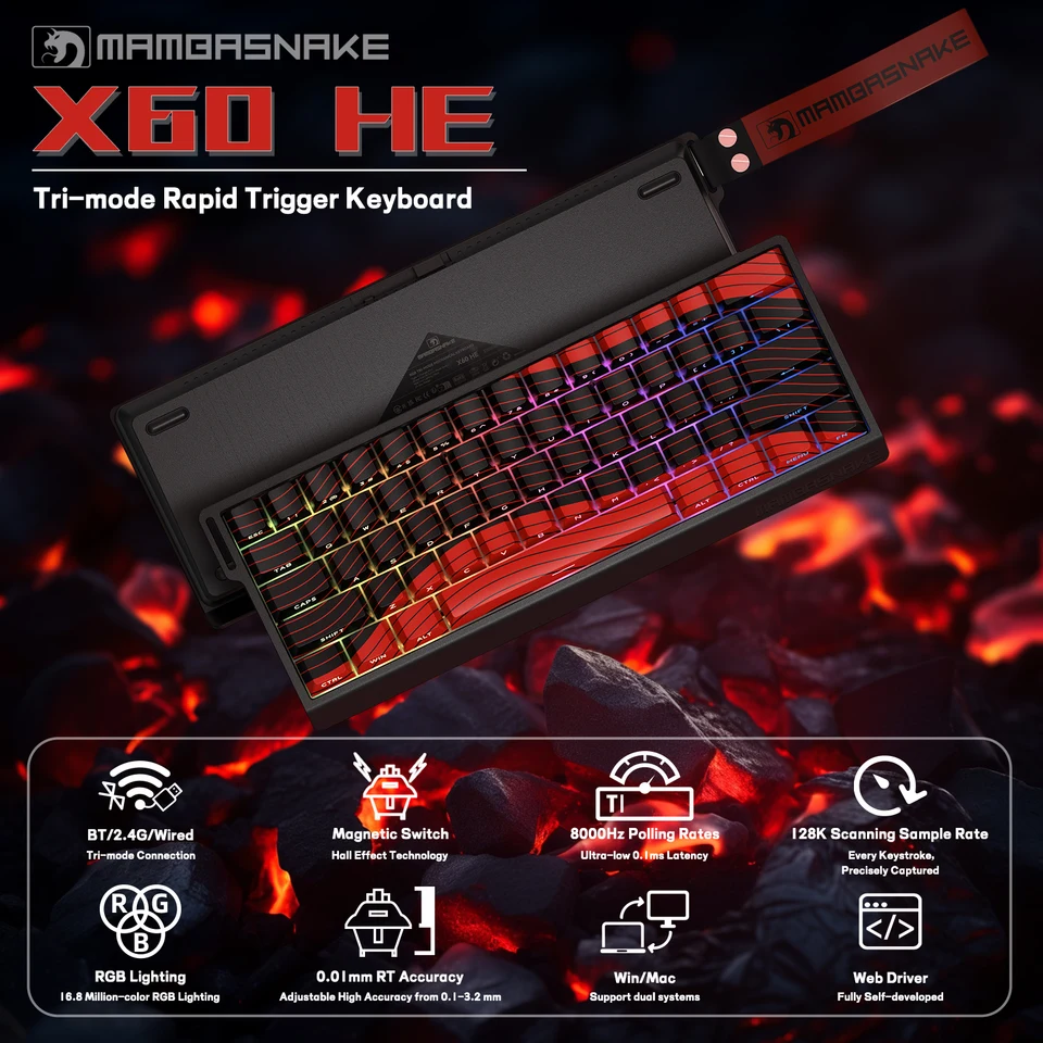 MAMBASNAKE X60HE & G3 PRO セット MAMBASNAKE X60HE Rapid Trigger Wireless Gaming Keyboard, 0.01mm RT