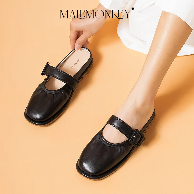 MALEMONKEY Luxury Muller shoes Women Genuine Leather Slippers Summer Flats Ladies Round Toe Breathable Female Shoes Handmade