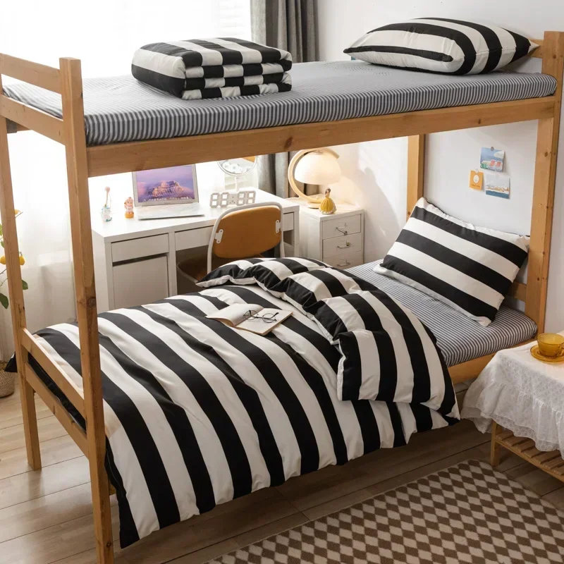 

Classic Stripe Grid Bedding Set Black&White Duvet Cover+Pillowcase+Flat Sheet Twin Brushed Polyester Sutdent Adult Home Textile