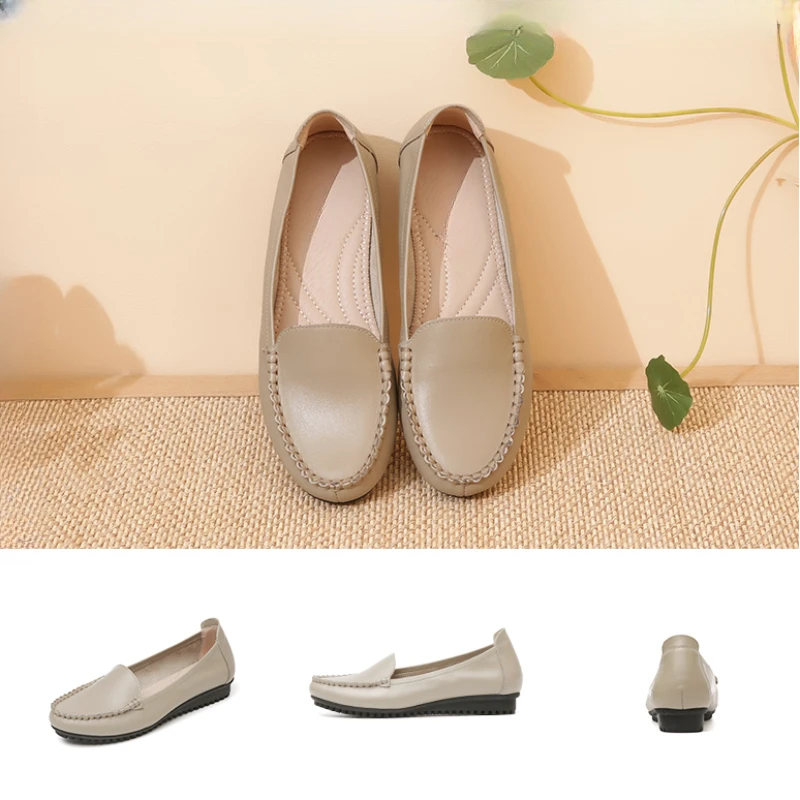 Dou Dou Shoes Genuine Leather Women's Super Soft Flat Bottom Spring and Autumn Soft Sole Leather Casual Single Shoes