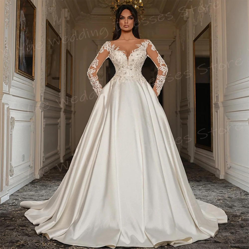 Sexy Satin A Line Wedding Dresses Appliques Lace Bride Gowns V Neck Women Customized Vestidos De Novia Boda Long Sleeve Princess 3