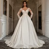 Sexy Satin A Line Wedding Dresses Appliques Lace Bride Gowns V Neck Women Customized Vestidos De Novia Boda Long Sleeve Princess 3