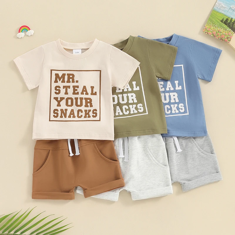 FOCUSNORM 0-3Y Toddler Baby Boys Summer Clothes Sets 2pcs Short Sleeve Letter Print Tops + Elastic Waist Shorts