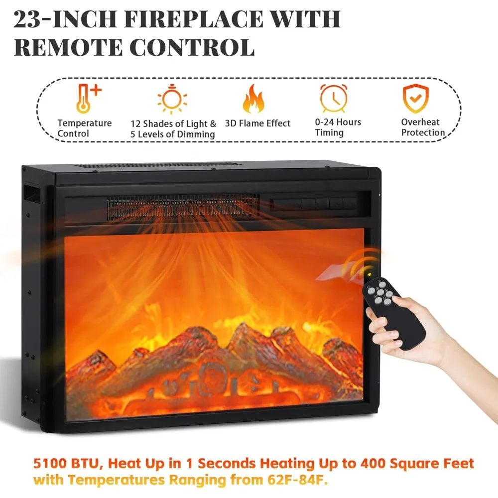 Fireplace TV Stand for TVs Up to 70", Entertainment Center with 23" Electric Fireplace Includes 12 Color Light Options, White TV 2