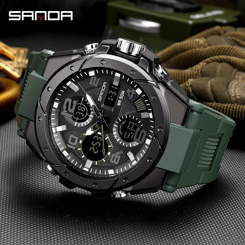 SANDA 6008 LED Dual Display Digital Electronic Mens Wristwatches Luxury Waterproof Sport Watch for Men Military Shockproof