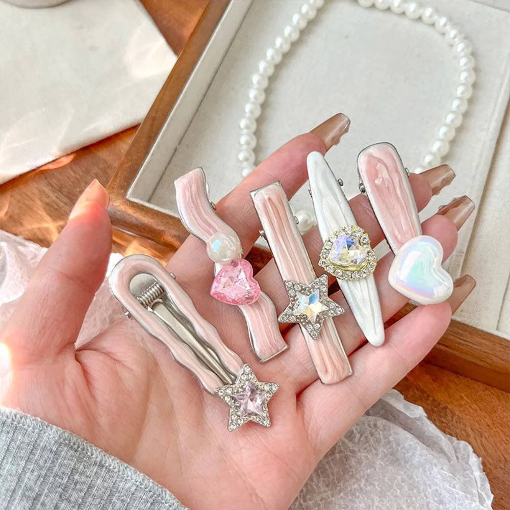 5Pcs/Set Fashion Sweet Galaxy Pink Hair Clips Cool Shiny Rhinestone Hairpins Heart Shape Star Pentagram Barrettes Women Girls