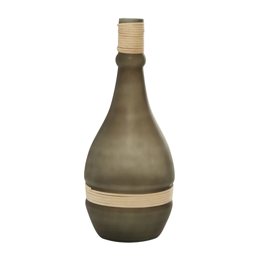 

20" Black Glass Vase With Rattan Detail Room Decoration Accessories It Is a Unique Supplement to Your Fashionable Home Decor