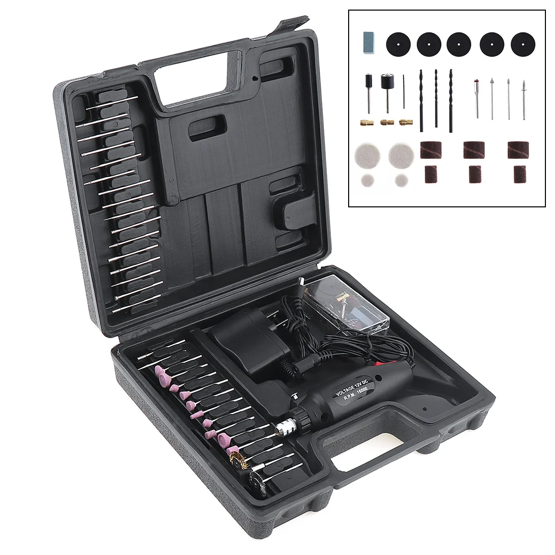 

110/220V Mini DC 12V Electric Grinder Electric Straight Grinding with 60pcs Various Wheel Head Drill Bit Brush and Cutting Piece
