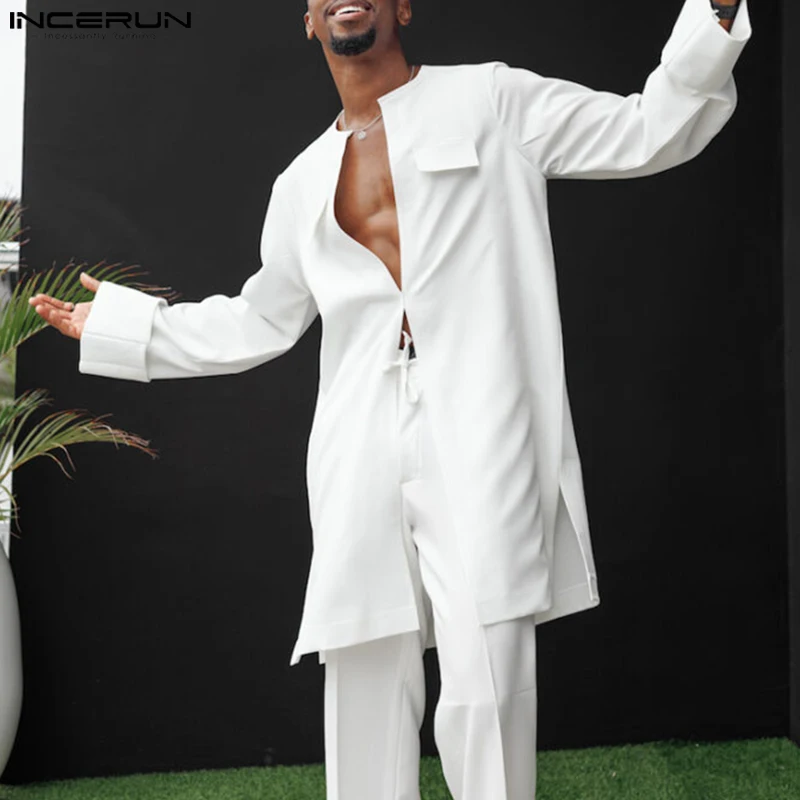 

INCERUN Islamic Hot Sale New Men's Sets Long Sleeve Cardigan Long Pants Set Men's Muslim Style Simple Solid Suit 2 Pieces S-5XL