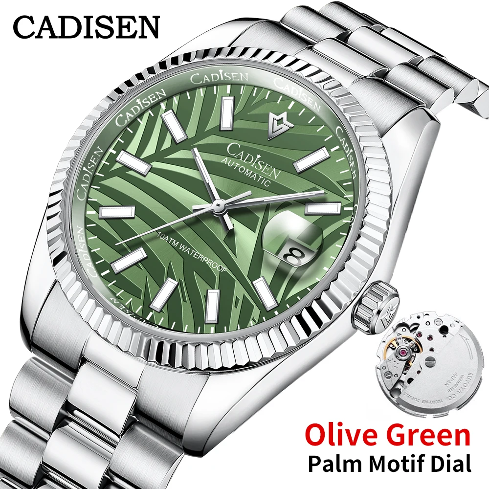 CADISEN 40MM Palm Leaf Dial Mechanical Wristwatch Luxury Automatic Watch Men Sapphire Mirror MIYOTA 8215 Clock Olive Green Watch