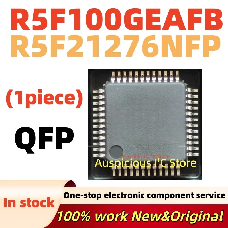 Vue de dessus du microcontrôleur R5F100GEAFB R5F21276NFP QFP-44 avec ses broches dorées.
