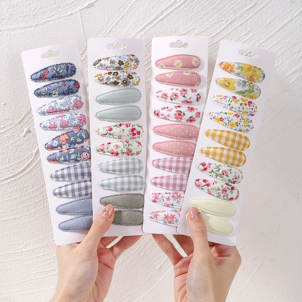 Hair Accessories 10Pcs/Lot Newborn Print Cotton Hair Bow Alloy Snap Clips Set Fabric Plaid Hairpins Girls Kids Headwear Baby Hair Accessories