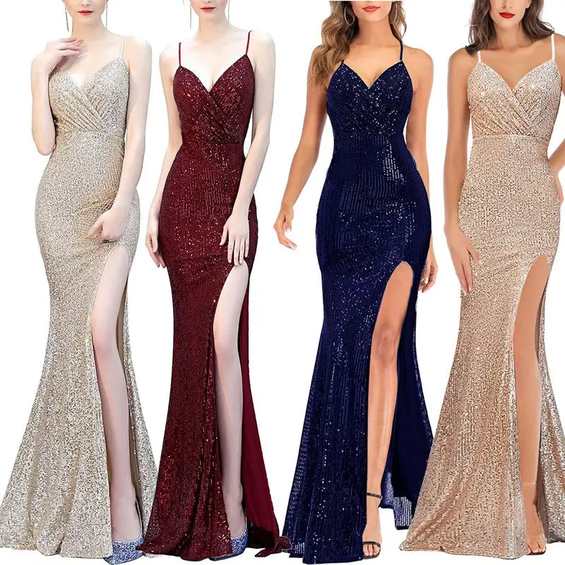 

Spaghetti Straps Sequined Black Evening Dresses Side Split Mermaid Party Gowns Floor Length Vestidos De Noche
