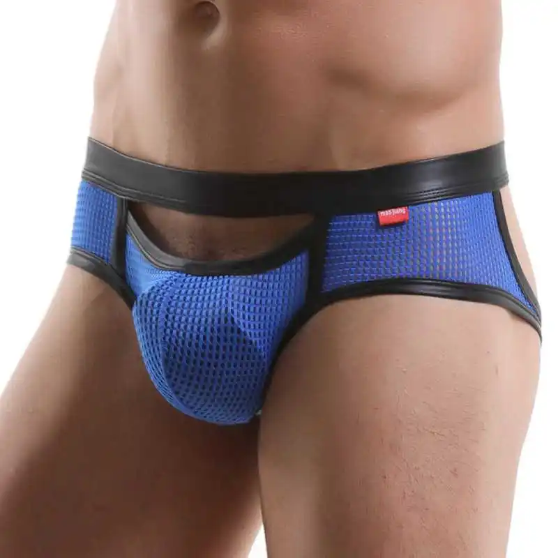 Brand Men Briefs Sexy Mesh See-through Underwear Hollow Out Open Penis Pouch Exotic Gay Lingerie Low-Waist Backless Male Panties 4