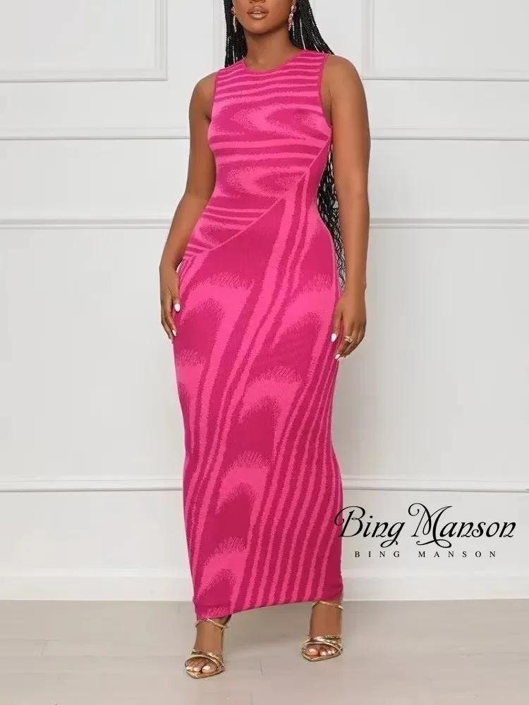 

2023 New Women's Fashion Trend Elastic Slim Fit Knitted Sleeveless Round Neck Tank Top Dress Sexy Wrap Hip Y2k Long Dress