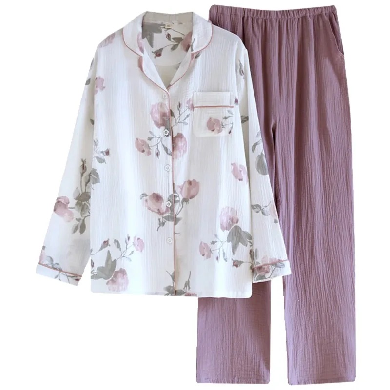 Big Size Sleepwear Women Spring Autumn Cotton Pajamas Set Long Sleeve Button Cardigan Pants Homewear Prints Loungewear Pajamas