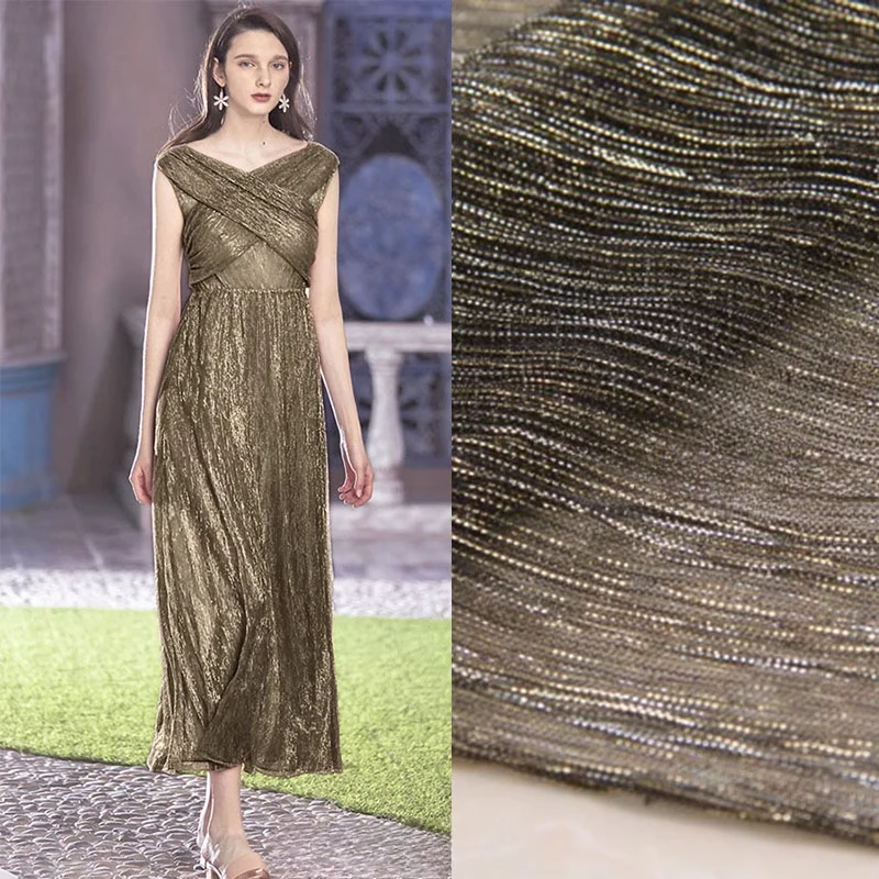 Thin Black Gold Silver Silk Pleated Three-dimensional Striped Elastic Mesh Clothing Fabric Pleated Glossy Dress Wedding Designer
