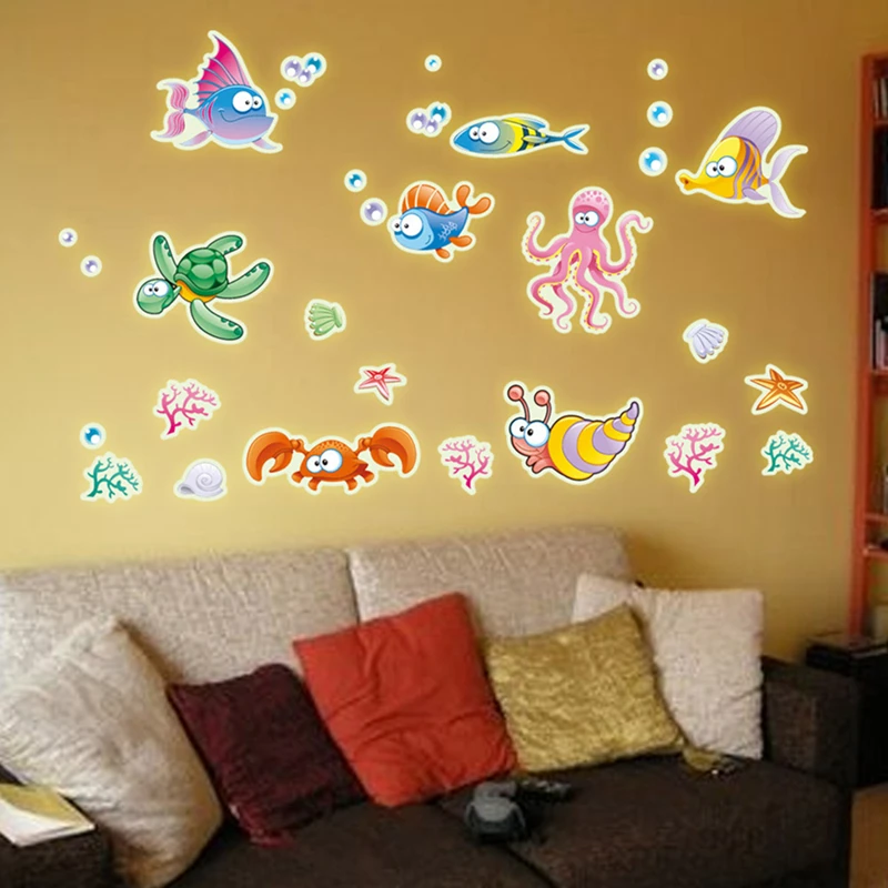 Seabed World Luminous Stickers Glow in the Dark Nemo Fish Dolphin Anime Wall Decals for Kids Room Bathroom Tile Home Decorations