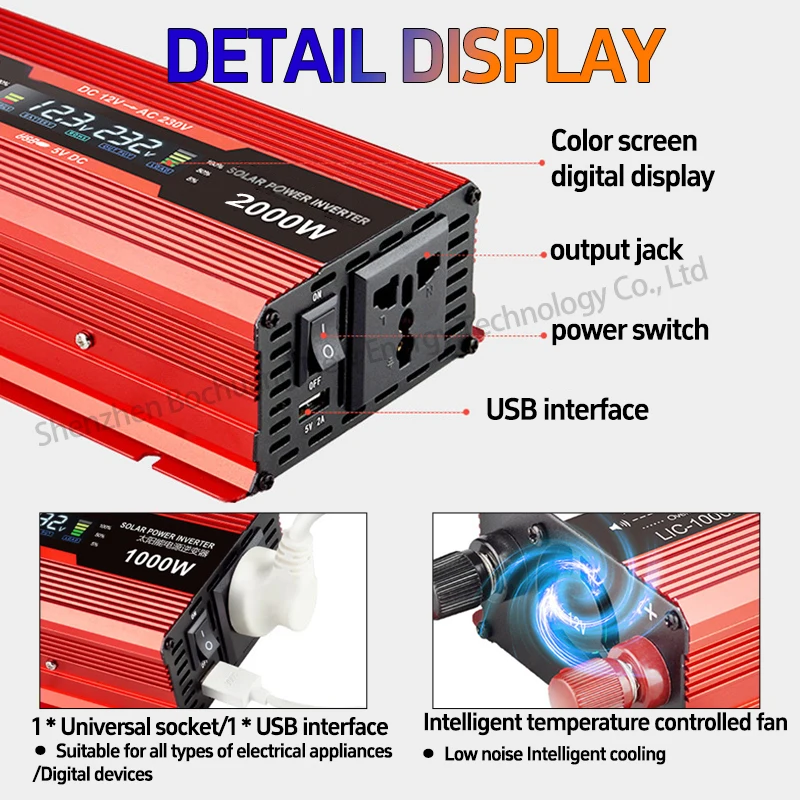 Pure sine wave inverter, high-power 1000W2000W, portable digital display, 12V to
