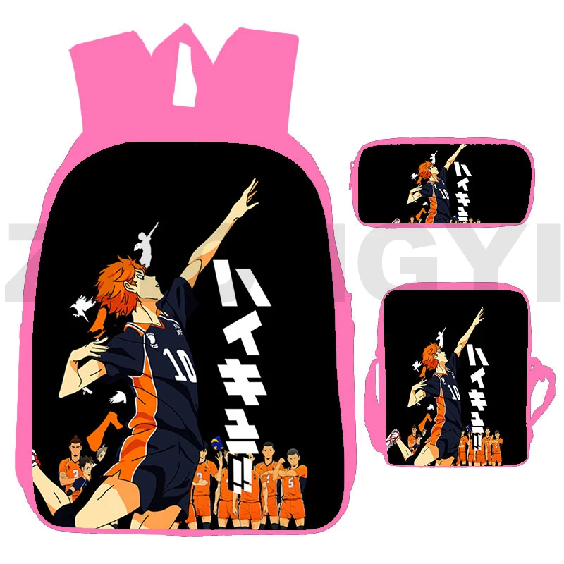 

12 Inch Anime Haikyuu Back Pack Backpacks Kid 3 Pcs/set Karasuno 3D Printed Nekoma Pink Japanese School Bags for Teenager Girls
