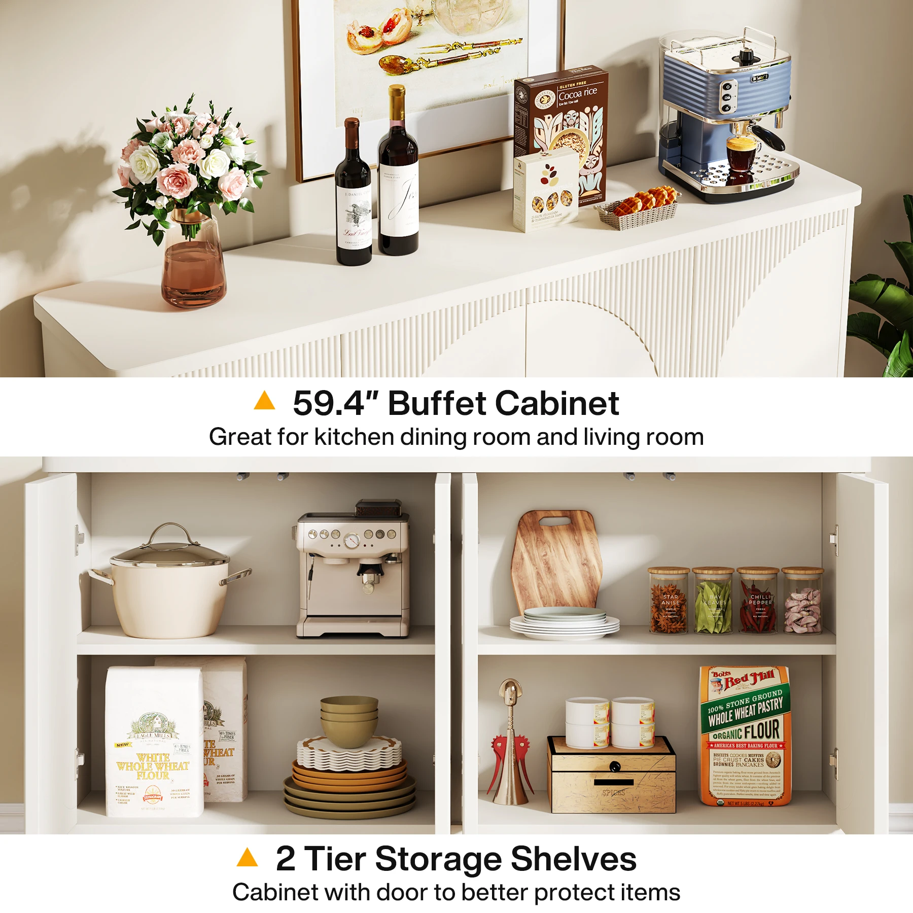 Tribesigns Buffet Cabinet Sideboard with Storage, 59.4-Inch White Storage Cabinet Modern Sideboard Buffet Table with Doors 5